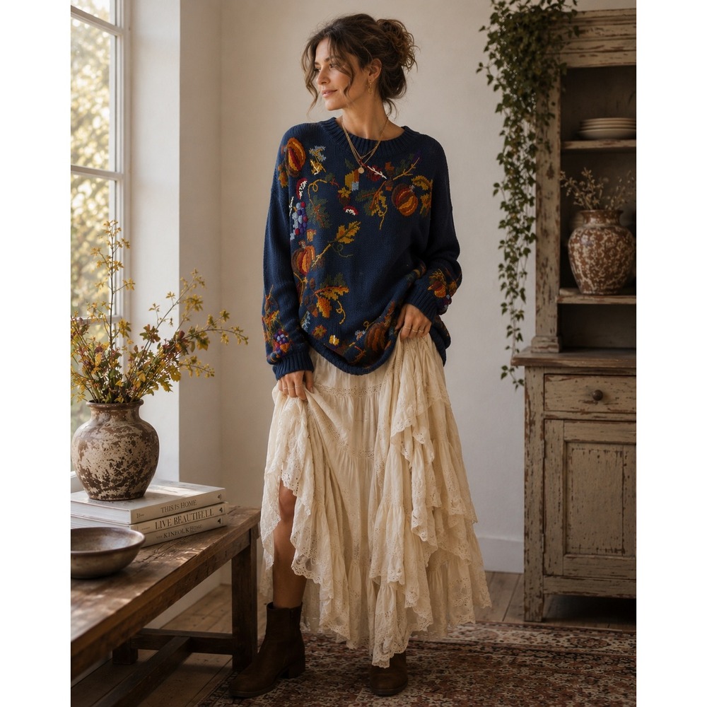 Vintage DBL Navy Blue Embroidered Pumpkin Fall Harvest Sweater Womens Large 1997